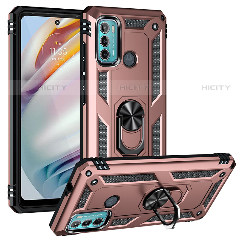 Silikon Hülle Handyhülle und Kunststoff Schutzhülle Hartschalen Tasche mit Magnetisch Fingerring Ständer S01 für Motorola Moto G40 Fusion Rosegold