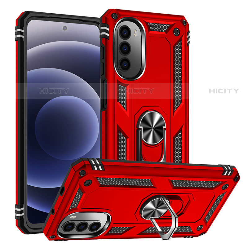 Silikon Hülle Handyhülle und Kunststoff Schutzhülle Hartschalen Tasche mit Magnetisch Fingerring Ständer S01 für Motorola MOTO G52 Rot