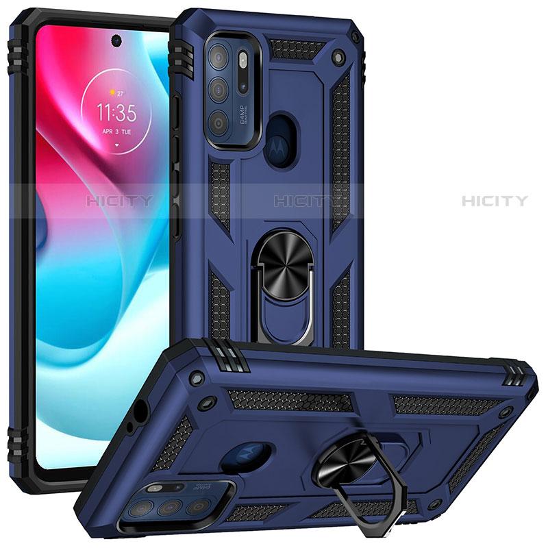 Silikon Hülle Handyhülle und Kunststoff Schutzhülle Hartschalen Tasche mit Magnetisch Fingerring Ständer S01 für Motorola Moto G60s Blau Plus