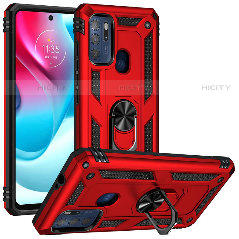 Silikon Hülle Handyhülle und Kunststoff Schutzhülle Hartschalen Tasche mit Magnetisch Fingerring Ständer S01 für Motorola Moto G60s Rot