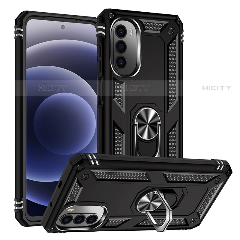 Silikon Hülle Handyhülle und Kunststoff Schutzhülle Hartschalen Tasche mit Magnetisch Fingerring Ständer S01 für Motorola Moto G71s 5G Schwarz