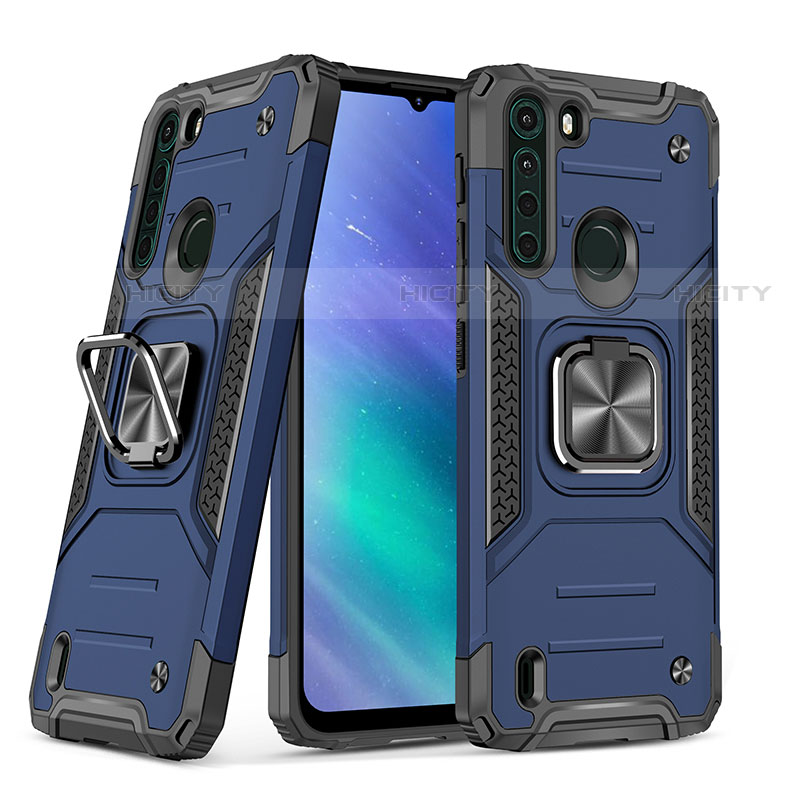 Silikon Hülle Handyhülle und Kunststoff Schutzhülle Hartschalen Tasche mit Magnetisch Fingerring Ständer S01 für Motorola Moto One Fusion Blau Plus