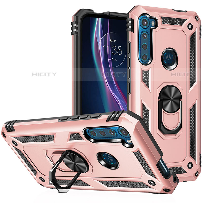 Silikon Hülle Handyhülle und Kunststoff Schutzhülle Hartschalen Tasche mit Magnetisch Fingerring Ständer S01 für Motorola Moto One Fusion Plus Rosegold