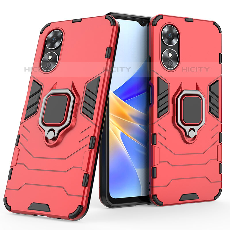 Silikon Hülle Handyhülle und Kunststoff Schutzhülle Hartschalen Tasche mit Magnetisch Fingerring Ständer S01 für Oppo A17 Rot Plus