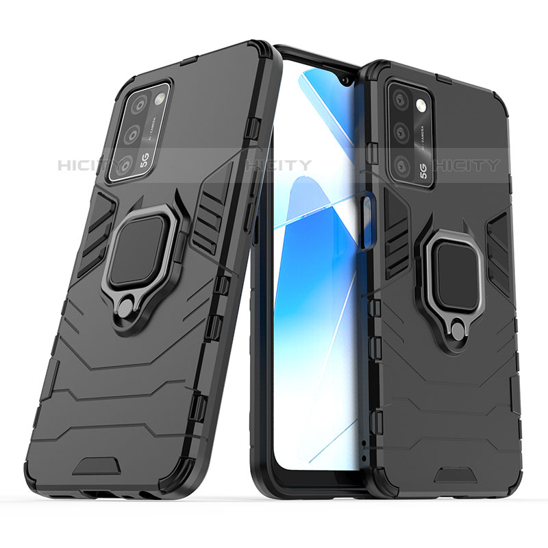 Silikon Hülle Handyhülle und Kunststoff Schutzhülle Hartschalen Tasche mit Magnetisch Fingerring Ständer S01 für Oppo A55 5G Schwarz Plus