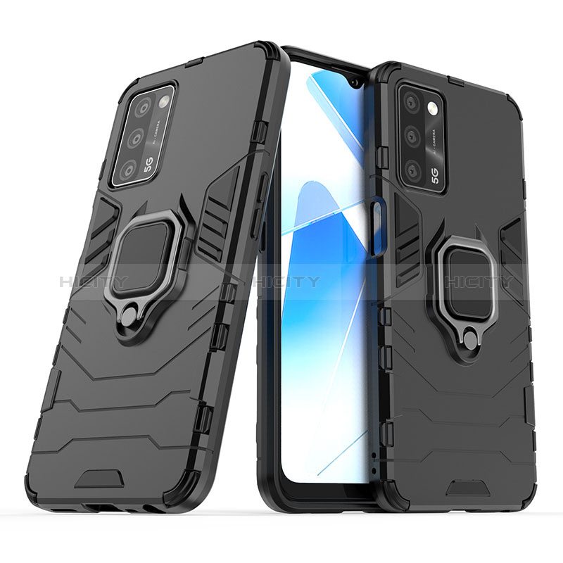 Silikon Hülle Handyhülle und Kunststoff Schutzhülle Hartschalen Tasche mit Magnetisch Fingerring Ständer S01 für Oppo A56 5G Schwarz