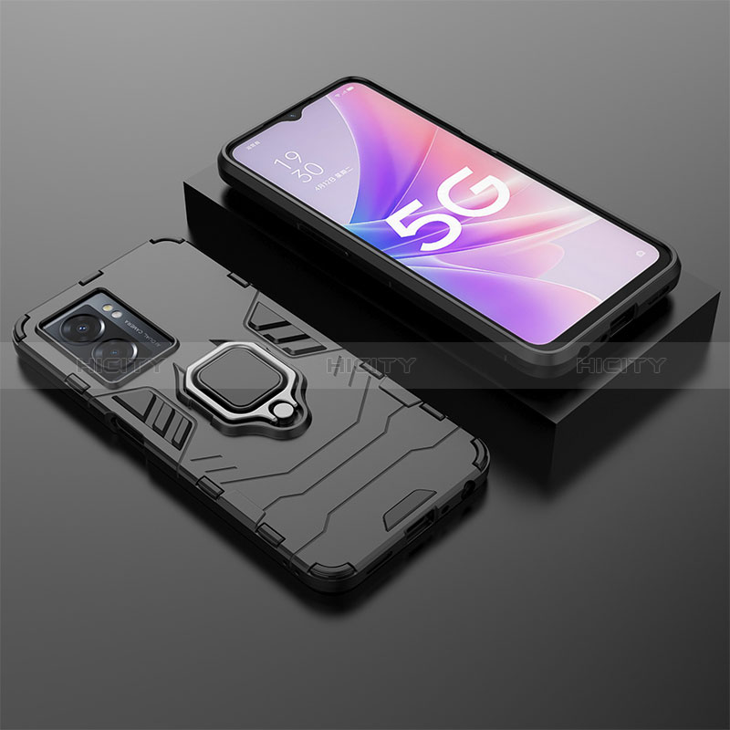 Silikon Hülle Handyhülle und Kunststoff Schutzhülle Hartschalen Tasche mit Magnetisch Fingerring Ständer S01 für Oppo A56S 5G Schwarz