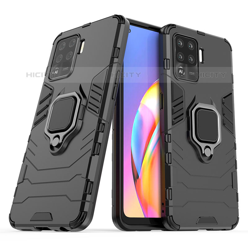 Silikon Hülle Handyhülle und Kunststoff Schutzhülle Hartschalen Tasche mit Magnetisch Fingerring Ständer S01 für Oppo F19 Pro Schwarz