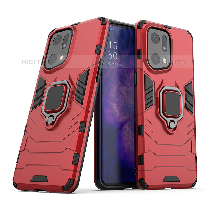 Silikon Hülle Handyhülle und Kunststoff Schutzhülle Hartschalen Tasche mit Magnetisch Fingerring Ständer S01 für Oppo Find X5 Pro 5G Rot