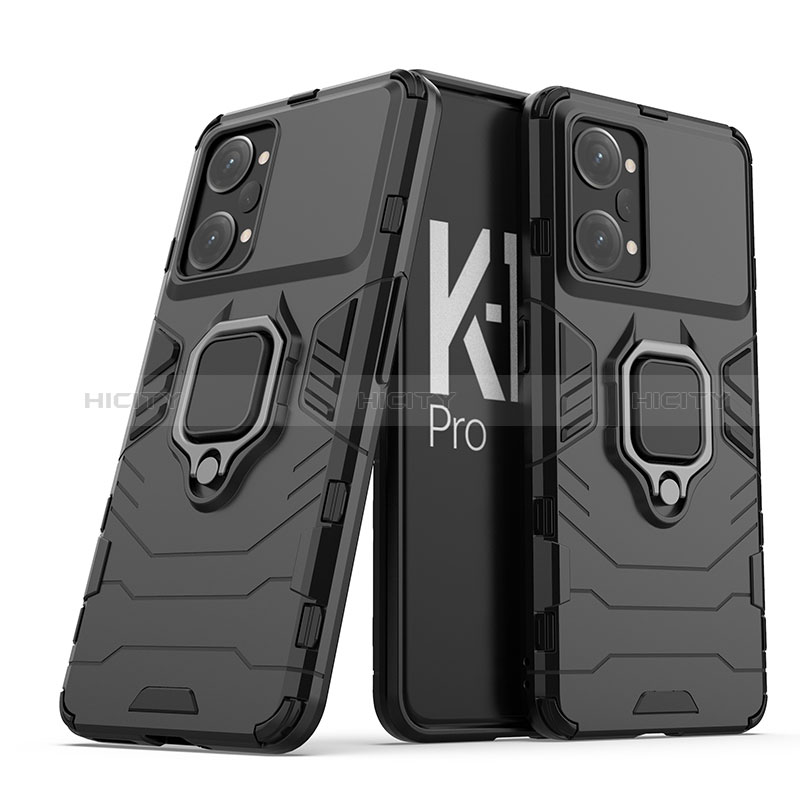 Silikon Hülle Handyhülle und Kunststoff Schutzhülle Hartschalen Tasche mit Magnetisch Fingerring Ständer S01 für Oppo K10 Pro 5G Schwarz Plus