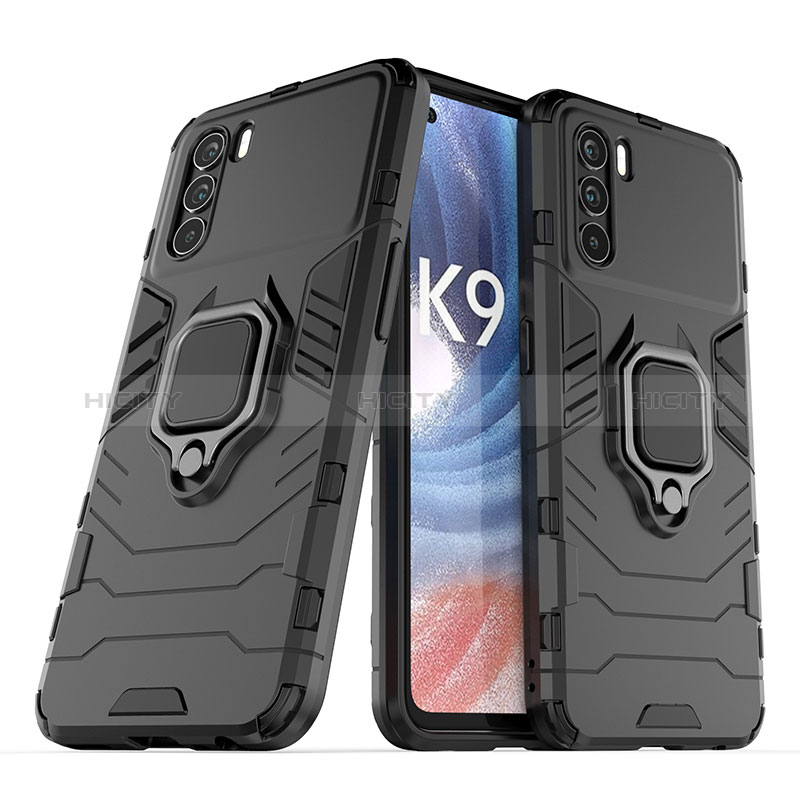 Silikon Hülle Handyhülle und Kunststoff Schutzhülle Hartschalen Tasche mit Magnetisch Fingerring Ständer S01 für Oppo K9 Pro 5G Schwarz