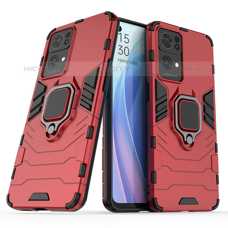 Silikon Hülle Handyhülle und Kunststoff Schutzhülle Hartschalen Tasche mit Magnetisch Fingerring Ständer S01 für Oppo Reno7 Pro 5G Rot