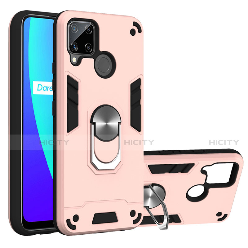 Silikon Hülle Handyhülle und Kunststoff Schutzhülle Hartschalen Tasche mit Magnetisch Fingerring Ständer S01 für Realme C15 Rosa