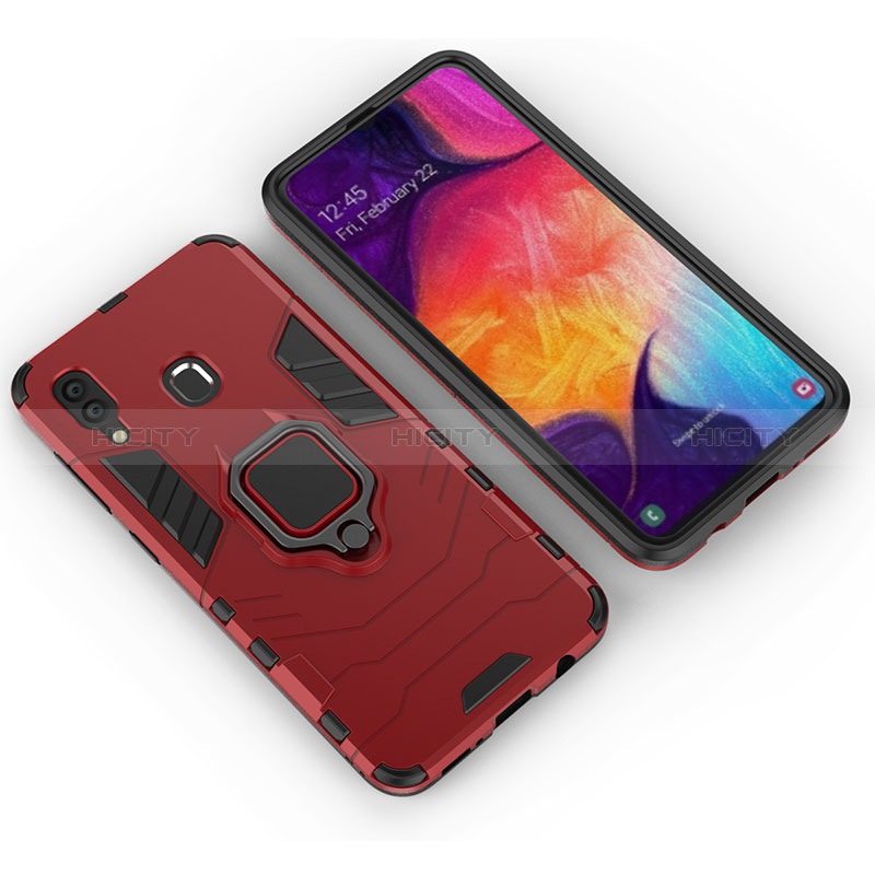 Silikon Hülle Handyhülle und Kunststoff Schutzhülle Hartschalen Tasche mit Magnetisch Fingerring Ständer S01 für Samsung Galaxy A20 Rot