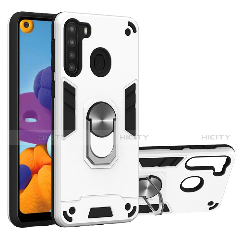 Silikon Hülle Handyhülle und Kunststoff Schutzhülle Hartschalen Tasche mit Magnetisch Fingerring Ständer S01 für Samsung Galaxy A21 groß