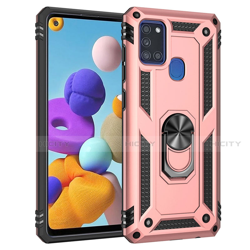 Silikon Hülle Handyhülle und Kunststoff Schutzhülle Hartschalen Tasche mit Magnetisch Fingerring Ständer S01 für Samsung Galaxy A21s groß