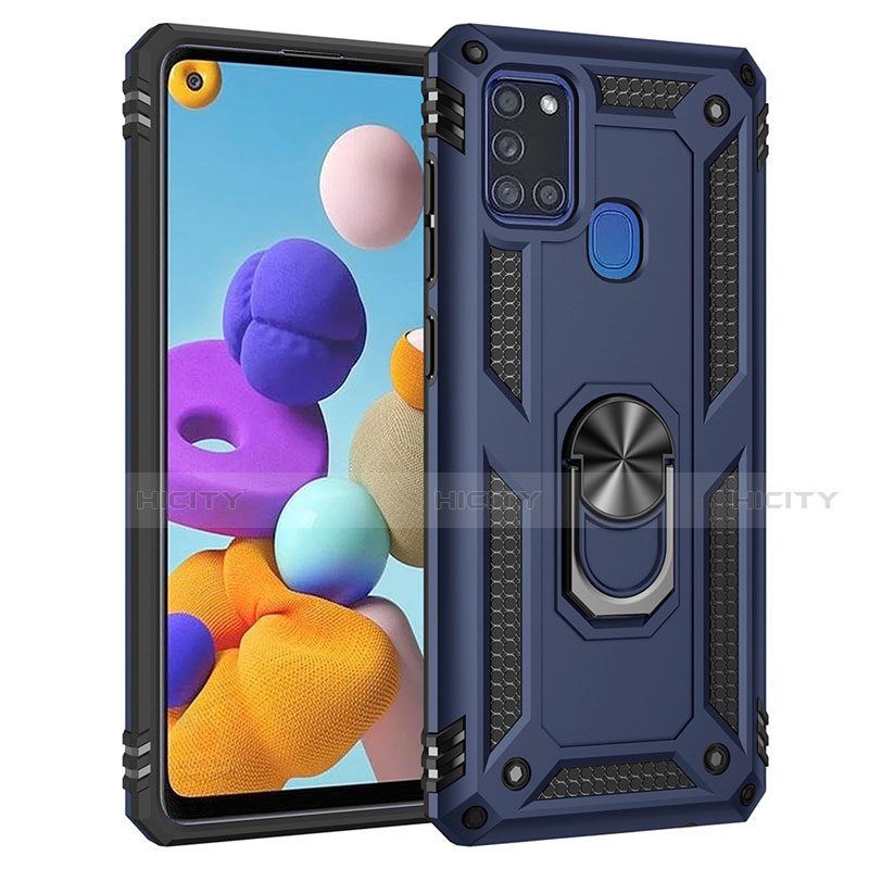 Silikon Hülle Handyhülle und Kunststoff Schutzhülle Hartschalen Tasche mit Magnetisch Fingerring Ständer S01 für Samsung Galaxy A21s Blau