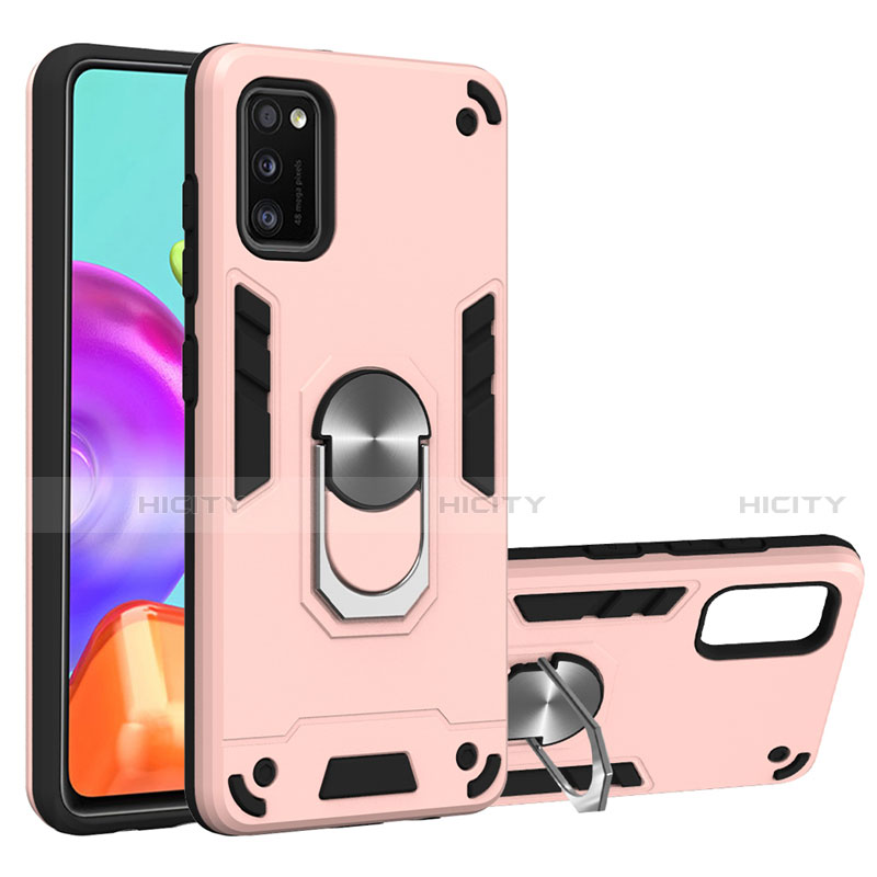 Silikon Hülle Handyhülle und Kunststoff Schutzhülle Hartschalen Tasche mit Magnetisch Fingerring Ständer S01 für Samsung Galaxy A41 Rosegold