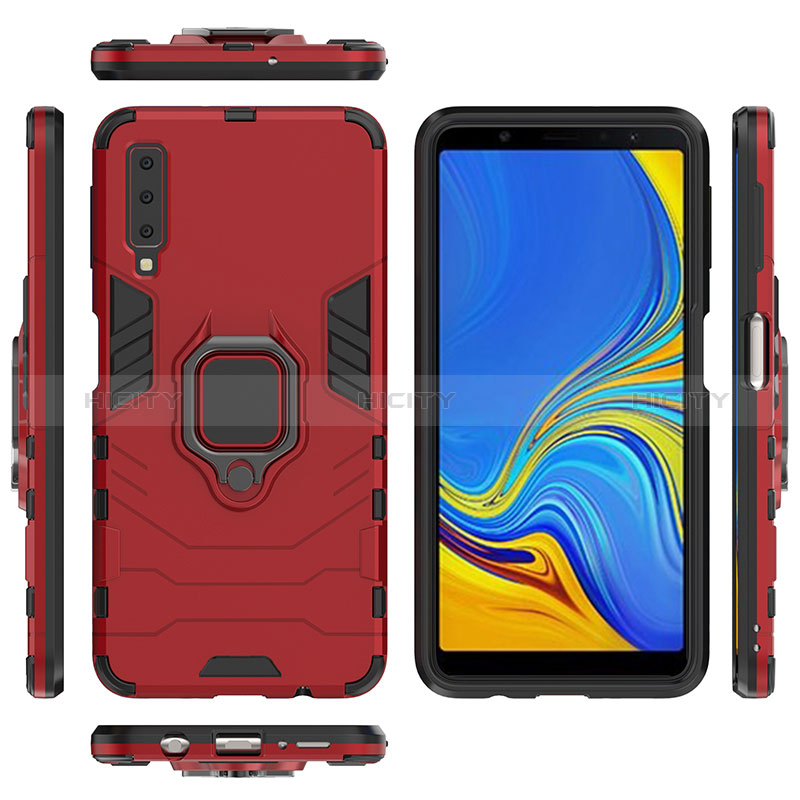 Silikon Hülle Handyhülle und Kunststoff Schutzhülle Hartschalen Tasche mit Magnetisch Fingerring Ständer S01 für Samsung Galaxy A7 (2018) A750