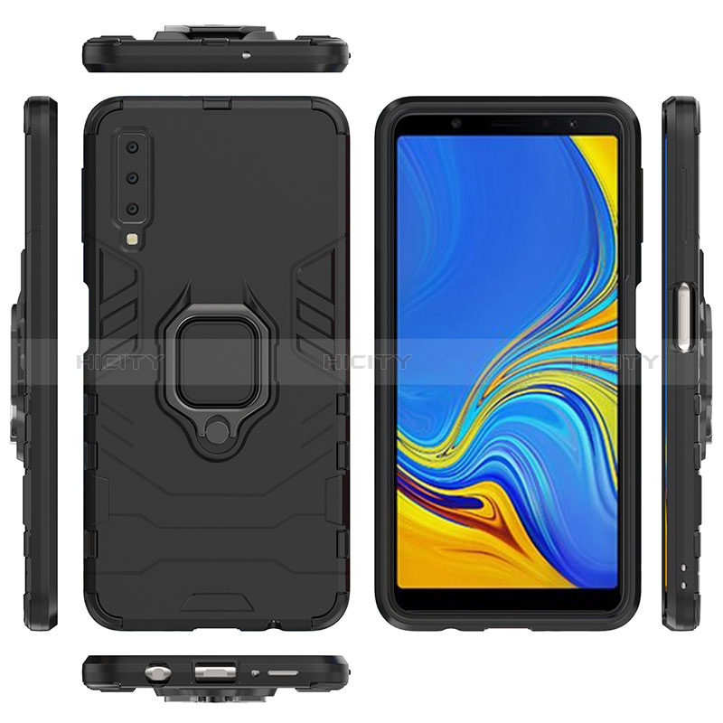 Silikon Hülle Handyhülle und Kunststoff Schutzhülle Hartschalen Tasche mit Magnetisch Fingerring Ständer S01 für Samsung Galaxy A7 (2018) A750