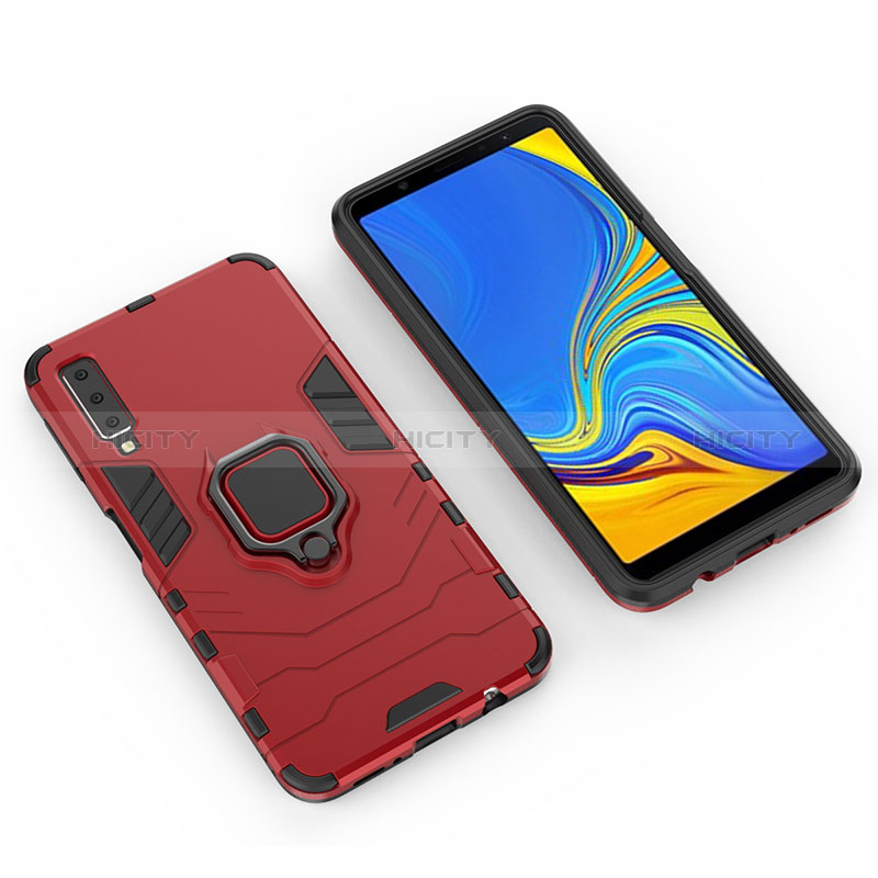 Silikon Hülle Handyhülle und Kunststoff Schutzhülle Hartschalen Tasche mit Magnetisch Fingerring Ständer S01 für Samsung Galaxy A7 (2018) A750 Rot Plus