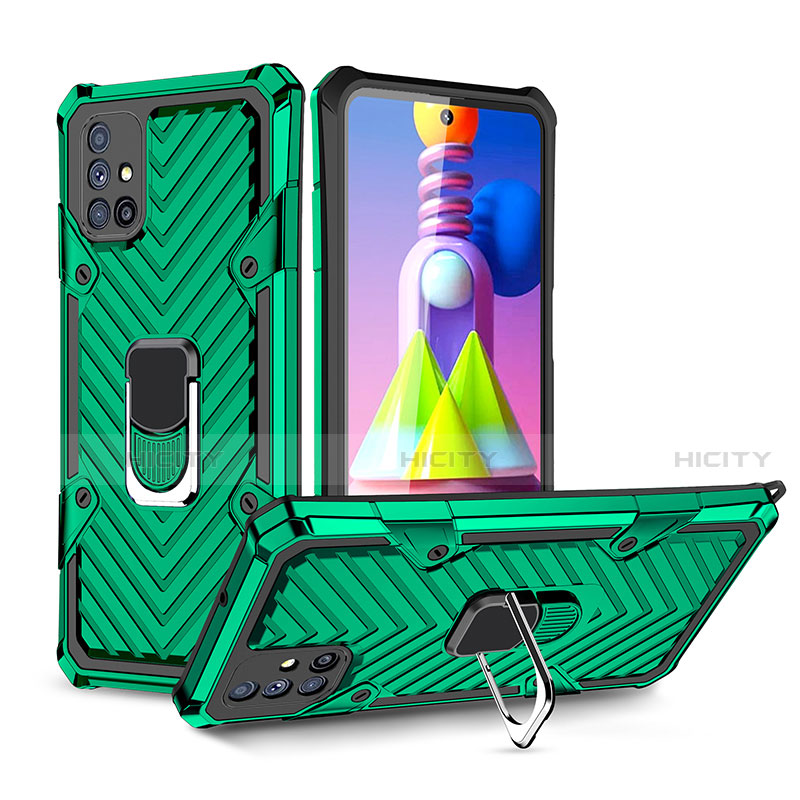 Silikon Hülle Handyhülle und Kunststoff Schutzhülle Hartschalen Tasche mit Magnetisch Fingerring Ständer S01 für Samsung Galaxy M51 Grün