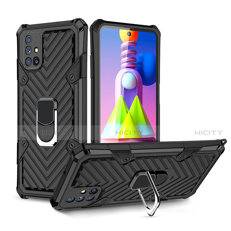 Silikon Hülle Handyhülle und Kunststoff Schutzhülle Hartschalen Tasche mit Magnetisch Fingerring Ständer S01 für Samsung Galaxy M51 Schwarz