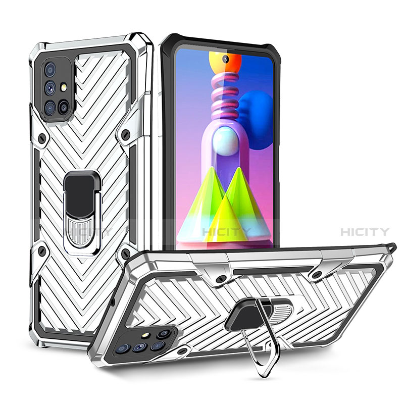 Silikon Hülle Handyhülle und Kunststoff Schutzhülle Hartschalen Tasche mit Magnetisch Fingerring Ständer S01 für Samsung Galaxy M51 Silber