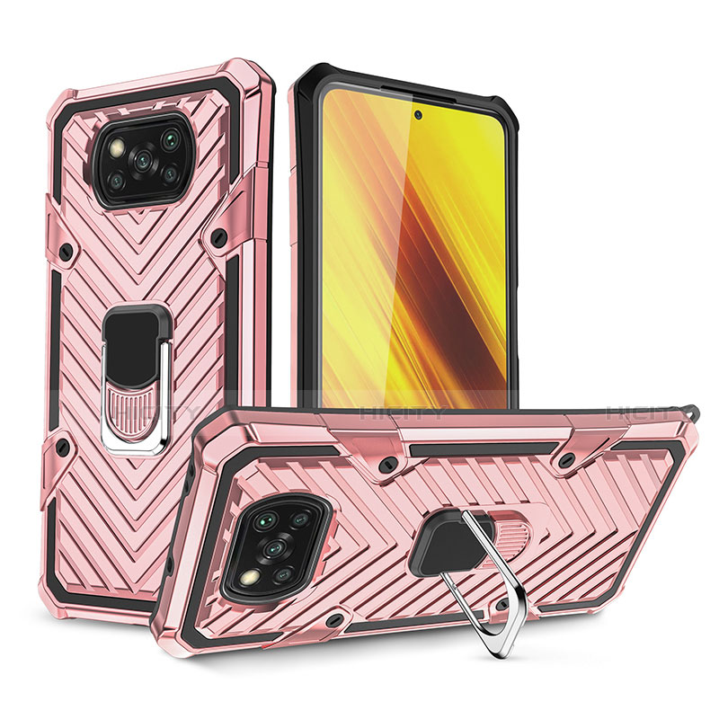 Silikon Hülle Handyhülle und Kunststoff Schutzhülle Hartschalen Tasche mit Magnetisch Fingerring Ständer S01 für Xiaomi Poco X3 Pro Rosegold