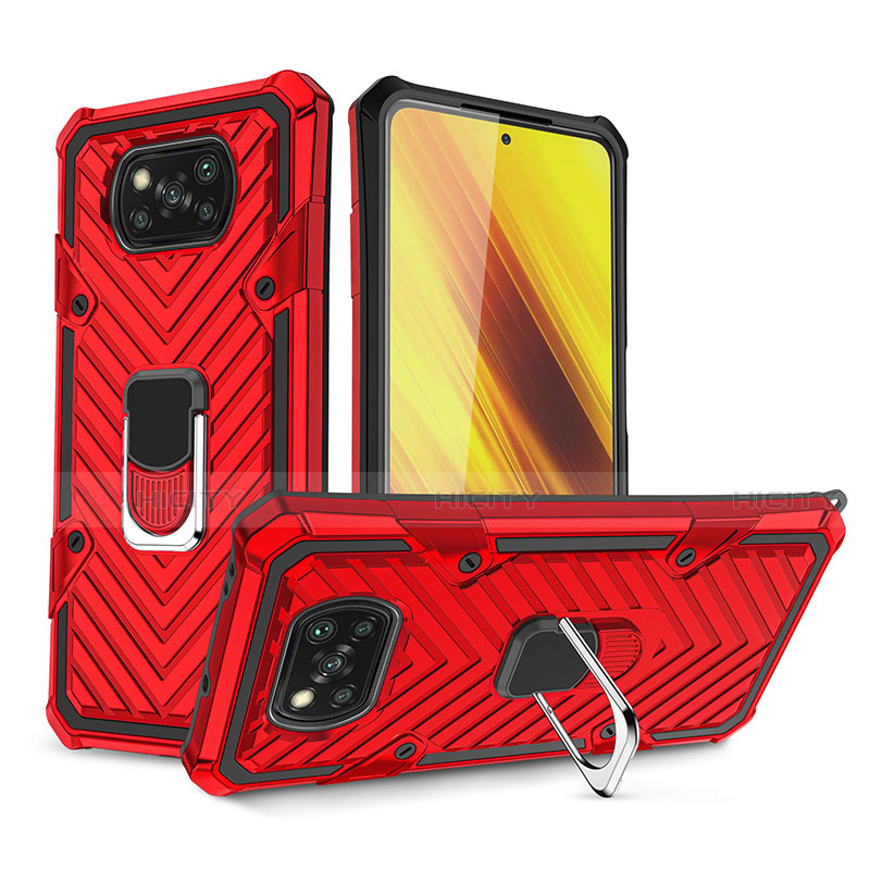 Silikon Hülle Handyhülle und Kunststoff Schutzhülle Hartschalen Tasche mit Magnetisch Fingerring Ständer S01 für Xiaomi Poco X3 Pro Rot Plus