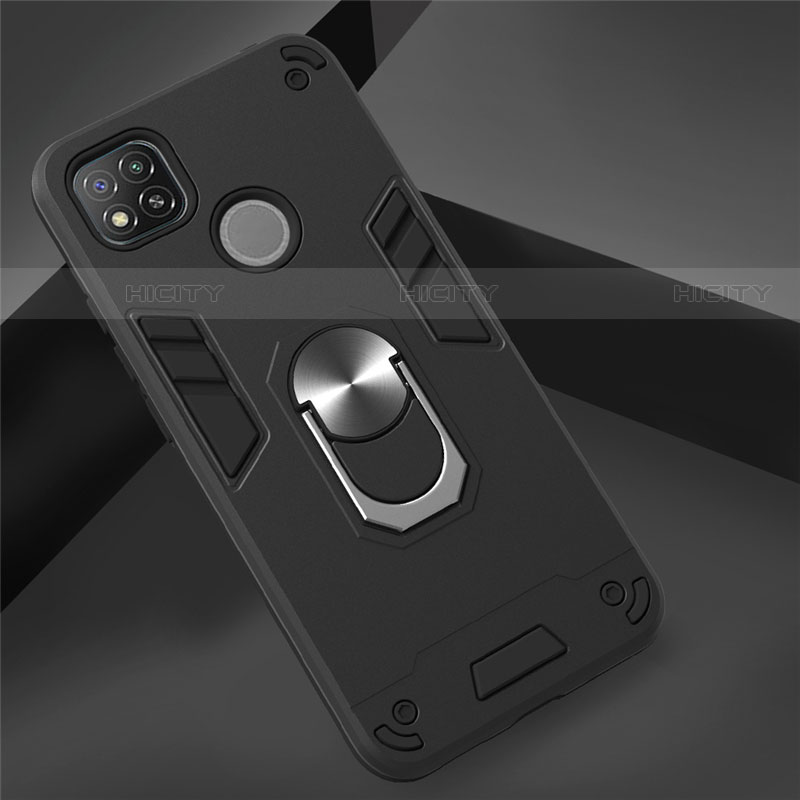 Silikon Hülle Handyhülle und Kunststoff Schutzhülle Hartschalen Tasche mit Magnetisch Fingerring Ständer S01 für Xiaomi Redmi 9C Schwarz Plus