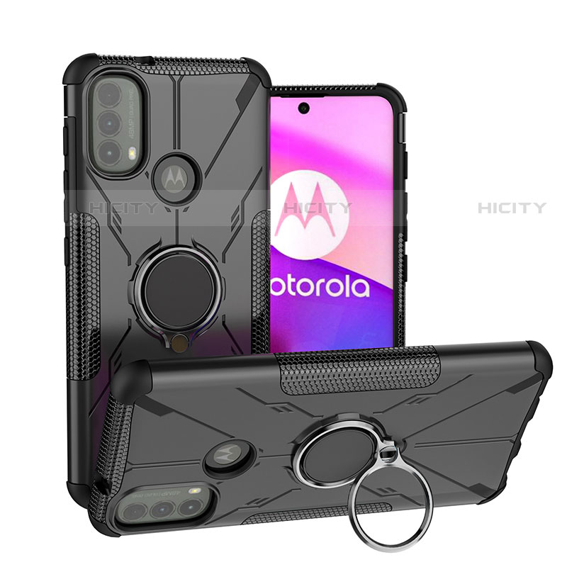 Silikon Hülle Handyhülle und Kunststoff Schutzhülle Hartschalen Tasche mit Magnetisch Fingerring Ständer S02 für Motorola Moto E20