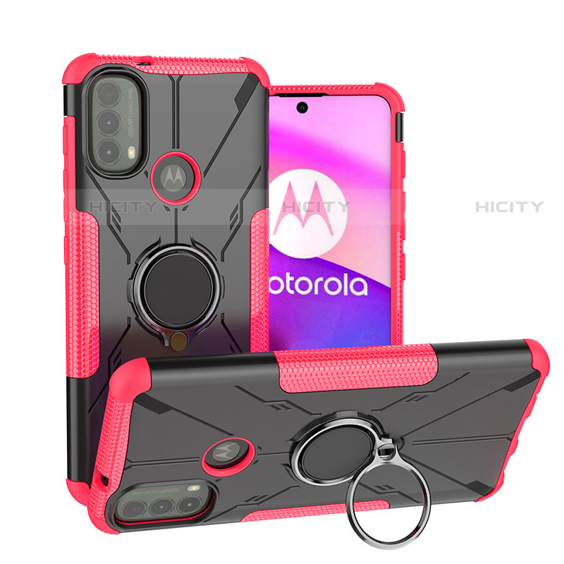 Silikon Hülle Handyhülle und Kunststoff Schutzhülle Hartschalen Tasche mit Magnetisch Fingerring Ständer S02 für Motorola Moto E20