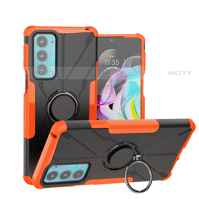 Silikon Hülle Handyhülle und Kunststoff Schutzhülle Hartschalen Tasche mit Magnetisch Fingerring Ständer S02 für Motorola Moto Edge 20 5G Orange Plus