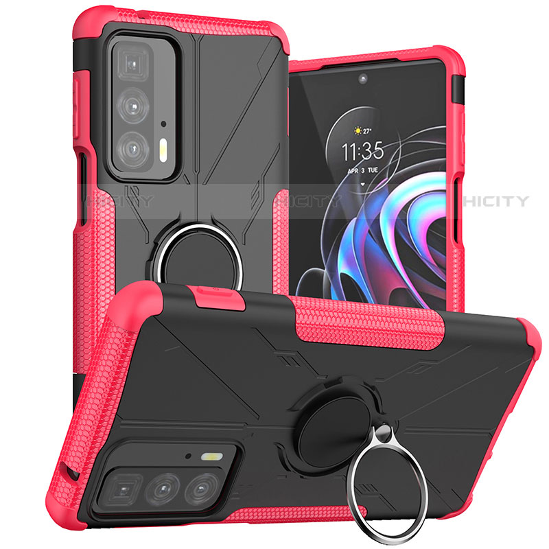 Silikon Hülle Handyhülle und Kunststoff Schutzhülle Hartschalen Tasche mit Magnetisch Fingerring Ständer S02 für Motorola Moto Edge 20 Pro 5G Pink