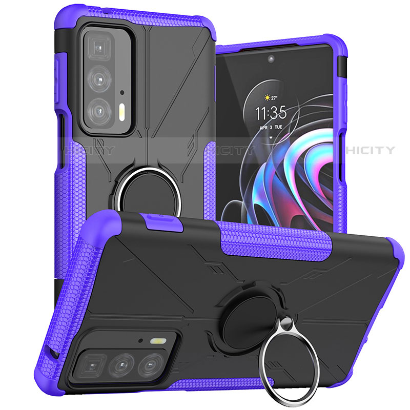 Silikon Hülle Handyhülle und Kunststoff Schutzhülle Hartschalen Tasche mit Magnetisch Fingerring Ständer S02 für Motorola Moto Edge 20 Pro 5G Violett