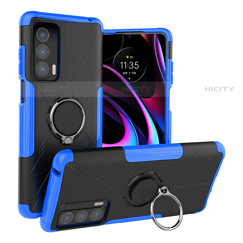 Silikon Hülle Handyhülle und Kunststoff Schutzhülle Hartschalen Tasche mit Magnetisch Fingerring Ständer S02 für Motorola Moto Edge (2021) 5G Blau