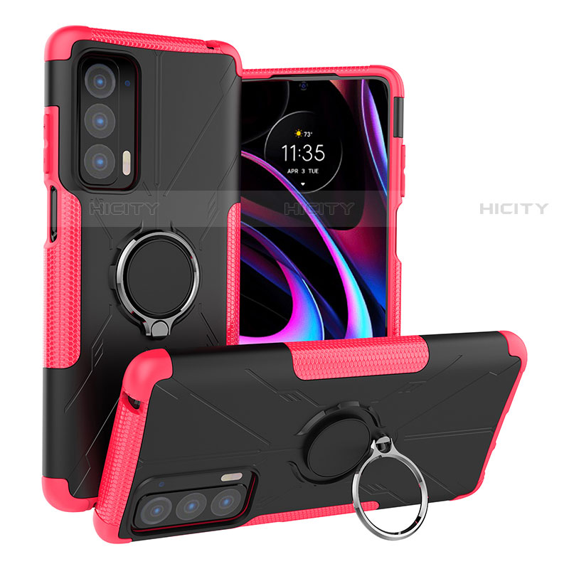 Silikon Hülle Handyhülle und Kunststoff Schutzhülle Hartschalen Tasche mit Magnetisch Fingerring Ständer S02 für Motorola Moto Edge (2021) 5G Pink Plus