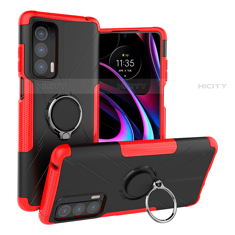 Silikon Hülle Handyhülle und Kunststoff Schutzhülle Hartschalen Tasche mit Magnetisch Fingerring Ständer S02 für Motorola Moto Edge (2021) 5G Rot
