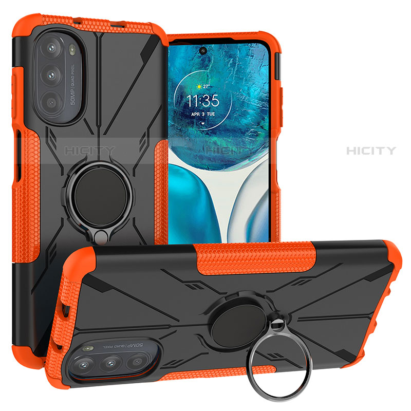 Silikon Hülle Handyhülle und Kunststoff Schutzhülle Hartschalen Tasche mit Magnetisch Fingerring Ständer S02 für Motorola Moto Edge (2022) 5G Orange