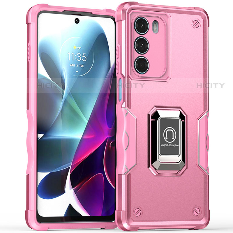 Silikon Hülle Handyhülle und Kunststoff Schutzhülle Hartschalen Tasche mit Magnetisch Fingerring Ständer S02 für Motorola Moto Edge S30 5G Pink