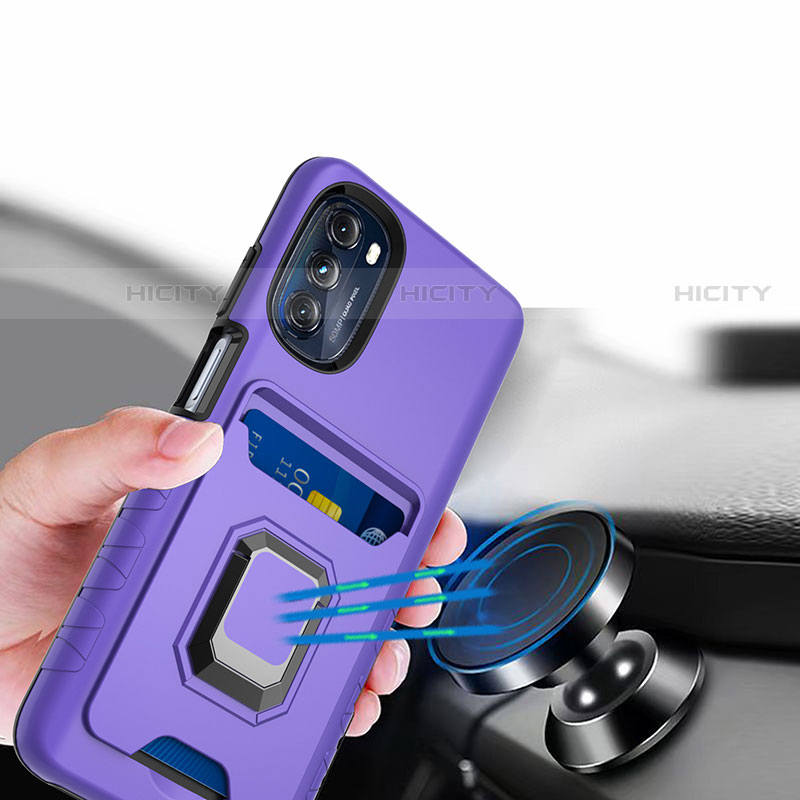 Silikon Hülle Handyhülle und Kunststoff Schutzhülle Hartschalen Tasche mit Magnetisch Fingerring Ständer S02 für Motorola Moto G 5G (2022) groß