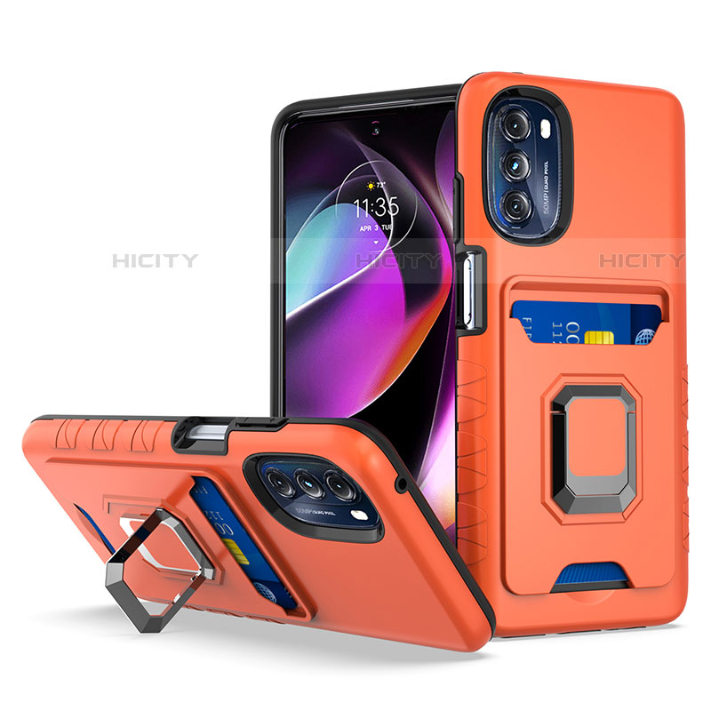 Silikon Hülle Handyhülle und Kunststoff Schutzhülle Hartschalen Tasche mit Magnetisch Fingerring Ständer S02 für Motorola Moto G 5G (2022) Orange Plus