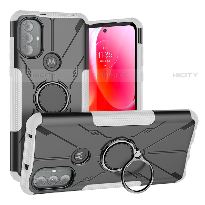 Silikon Hülle Handyhülle und Kunststoff Schutzhülle Hartschalen Tasche mit Magnetisch Fingerring Ständer S02 für Motorola Moto G Play (2023) Weiß