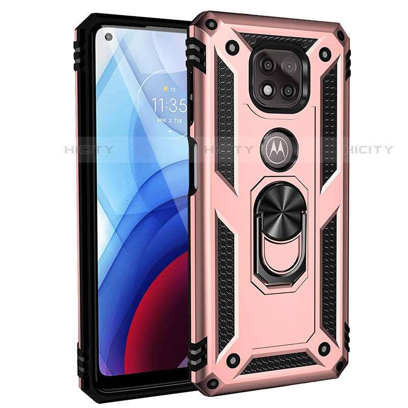 Silikon Hülle Handyhülle und Kunststoff Schutzhülle Hartschalen Tasche mit Magnetisch Fingerring Ständer S02 für Motorola Moto G Power (2021) Rosegold