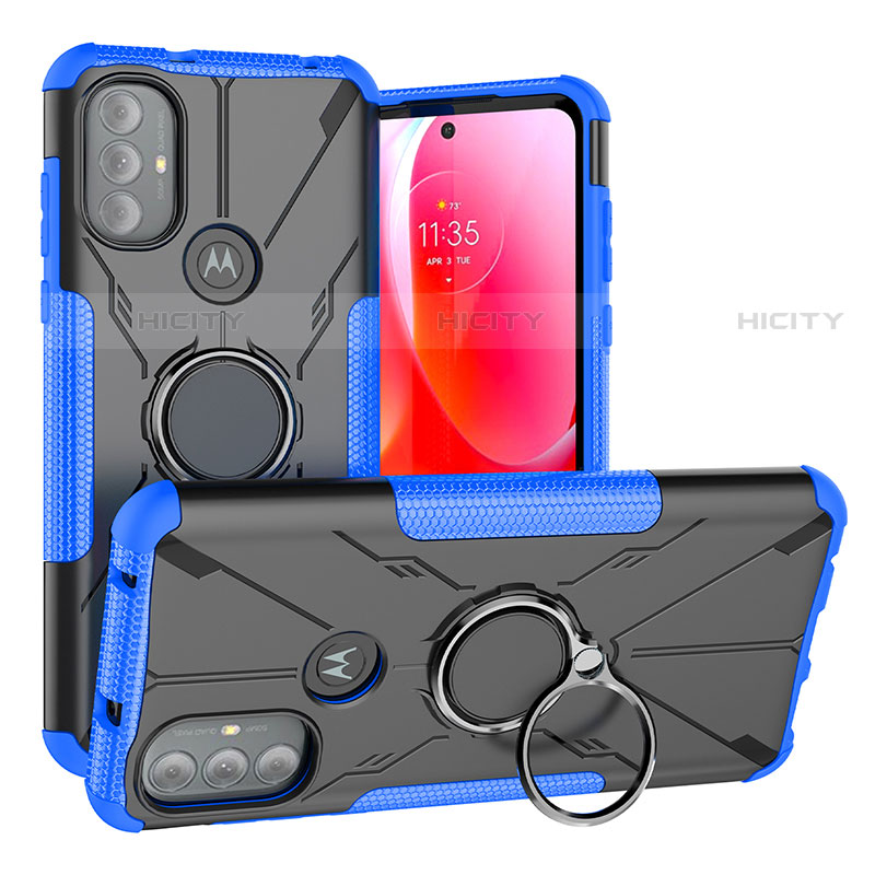 Silikon Hülle Handyhülle und Kunststoff Schutzhülle Hartschalen Tasche mit Magnetisch Fingerring Ständer S02 für Motorola Moto G Power (2022) Blau