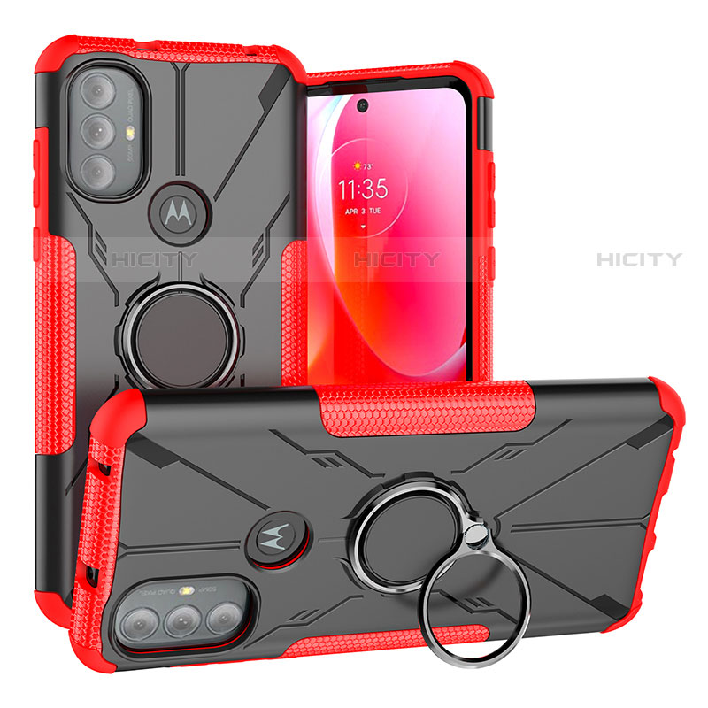 Silikon Hülle Handyhülle und Kunststoff Schutzhülle Hartschalen Tasche mit Magnetisch Fingerring Ständer S02 für Motorola Moto G Power (2022) Rot Plus