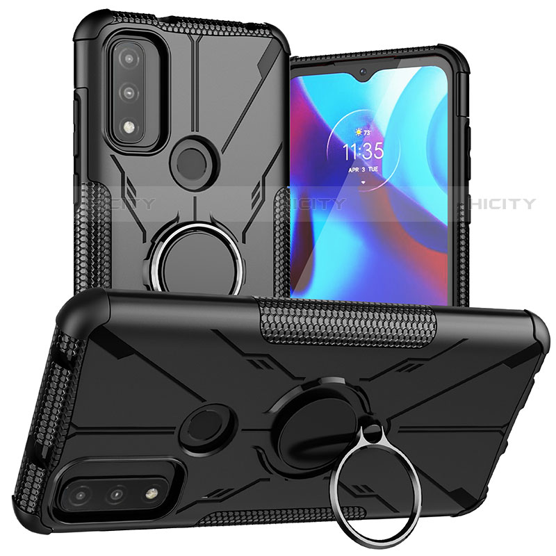 Silikon Hülle Handyhülle und Kunststoff Schutzhülle Hartschalen Tasche mit Magnetisch Fingerring Ständer S02 für Motorola Moto G Pure groß