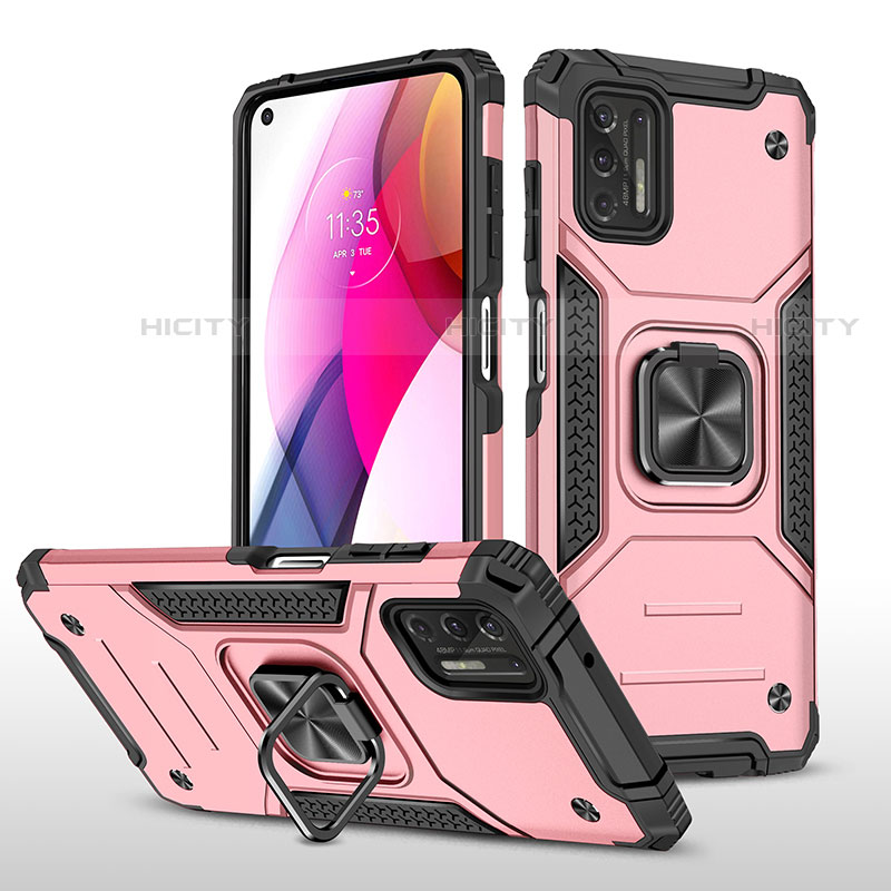 Silikon Hülle Handyhülle und Kunststoff Schutzhülle Hartschalen Tasche mit Magnetisch Fingerring Ständer S02 für Motorola Moto G Stylus (2021) Rosegold