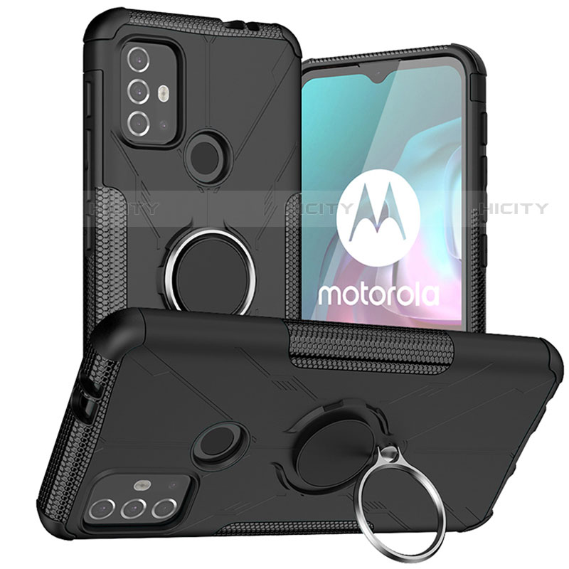 Silikon Hülle Handyhülle und Kunststoff Schutzhülle Hartschalen Tasche mit Magnetisch Fingerring Ständer S02 für Motorola Moto G10 groß